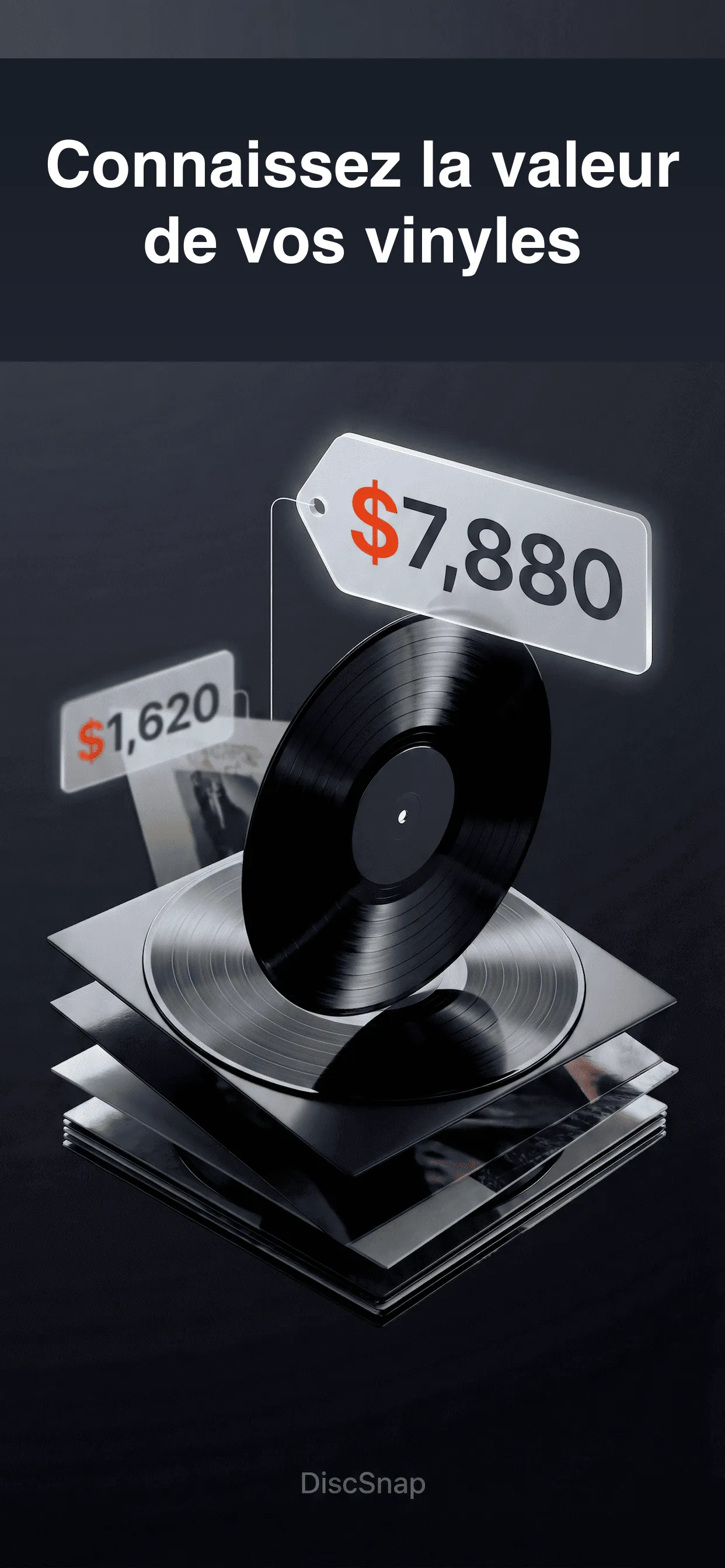 Interface de l'application mobile DiscSnap pour scanner les pochettes de vinyles