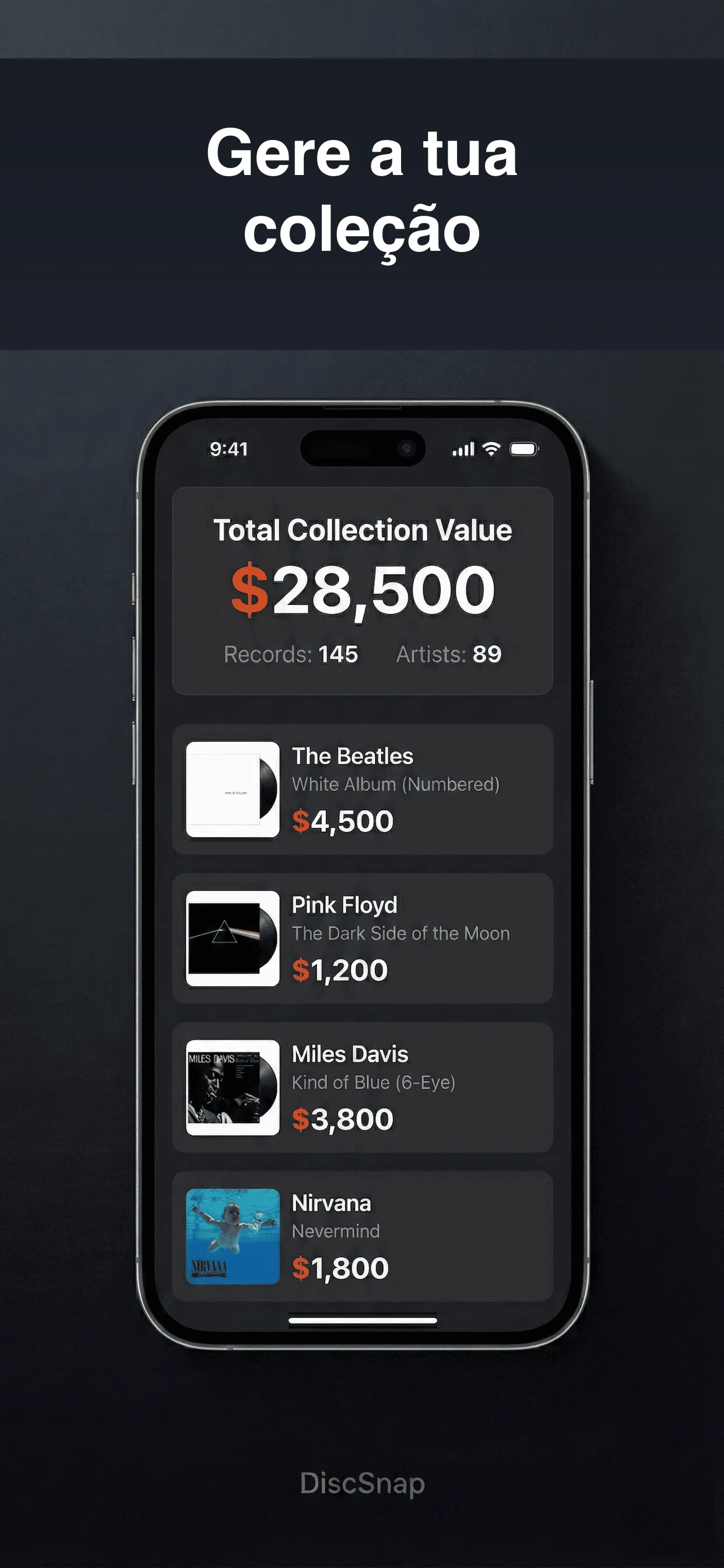 Painel de controlo da coleção digital DiscSnap com histórico de valor e estatísticas
