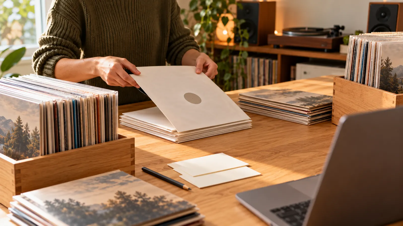 Colecionador português a catalogar discos de vinil numa bancada