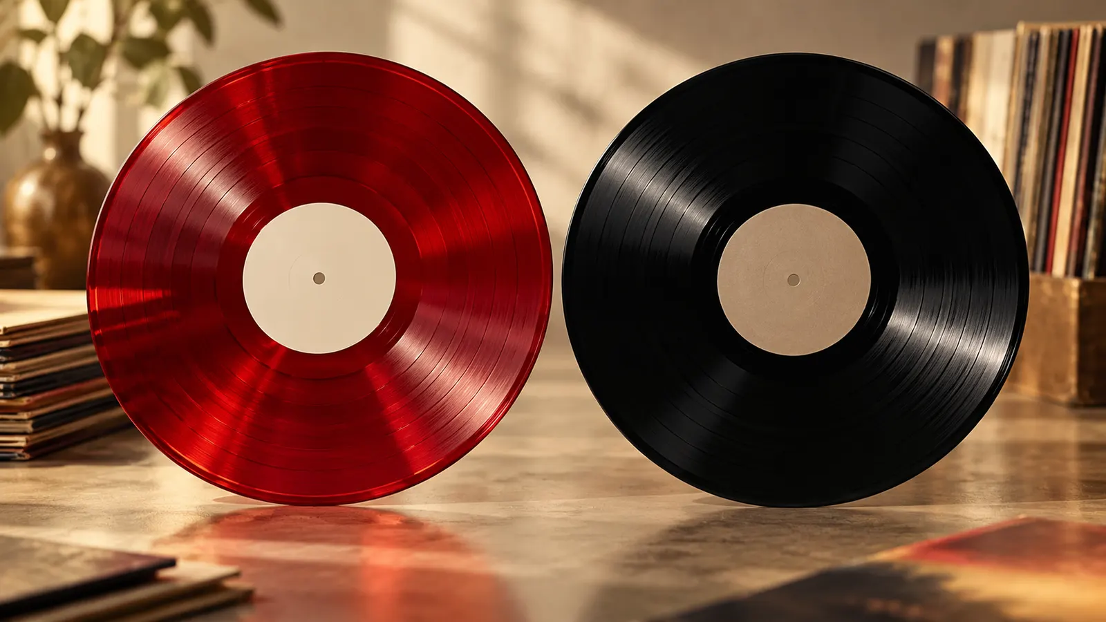 Schwarze, durchscheinende und gesprenkelte Schallplatten liegen neben ihren Covern auf einem Hörplatz