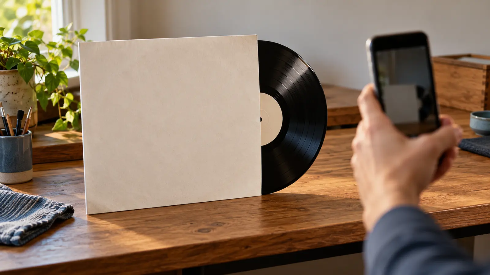 A hand holding a smartphone toward a plain cream record sleeve and black vinyl on a wooden workbench