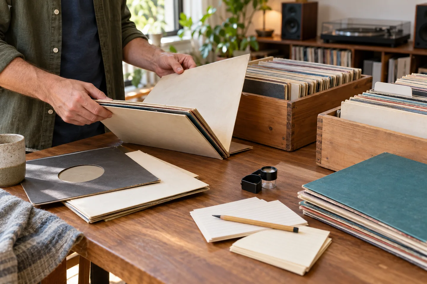 A collector sorts sleeved records beside wooden crates