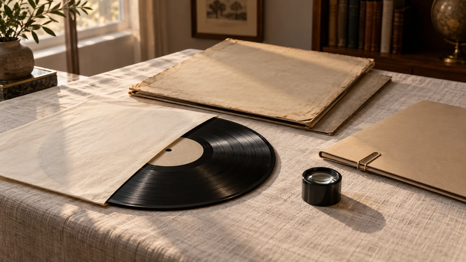 A black record in a plain sleeve beside aged jackets, a document folder and a magnifier on a linen-covered table