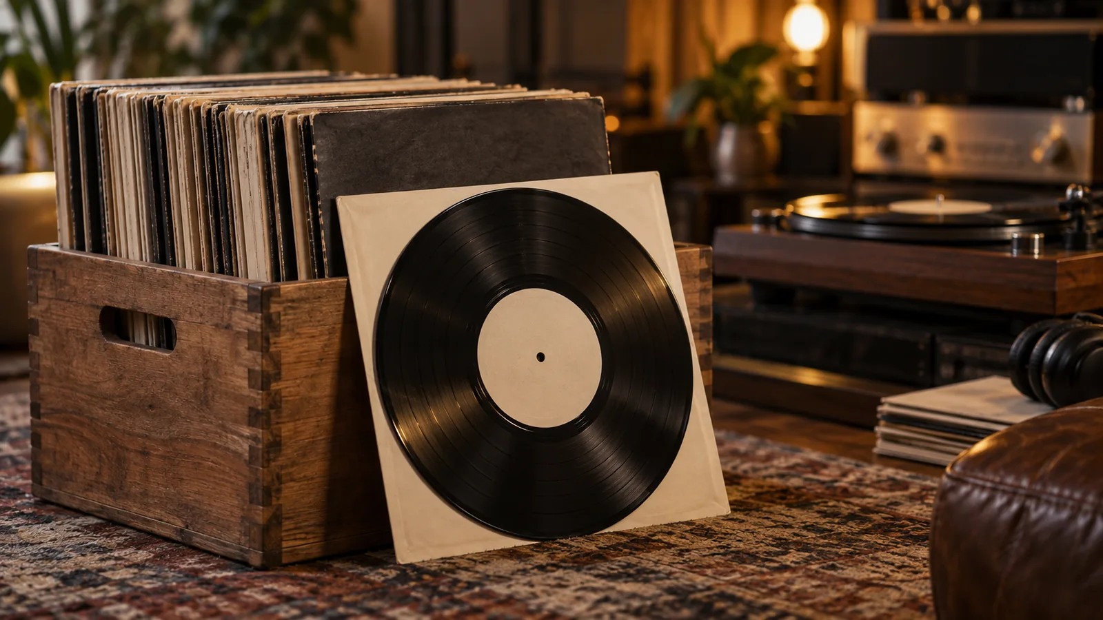 Cassa di legno con copertine neutre e un disco appoggiato davanti