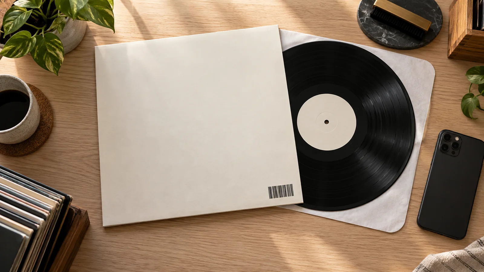Copertina neutra con codice a barre accanto a un LP e uno smartphone