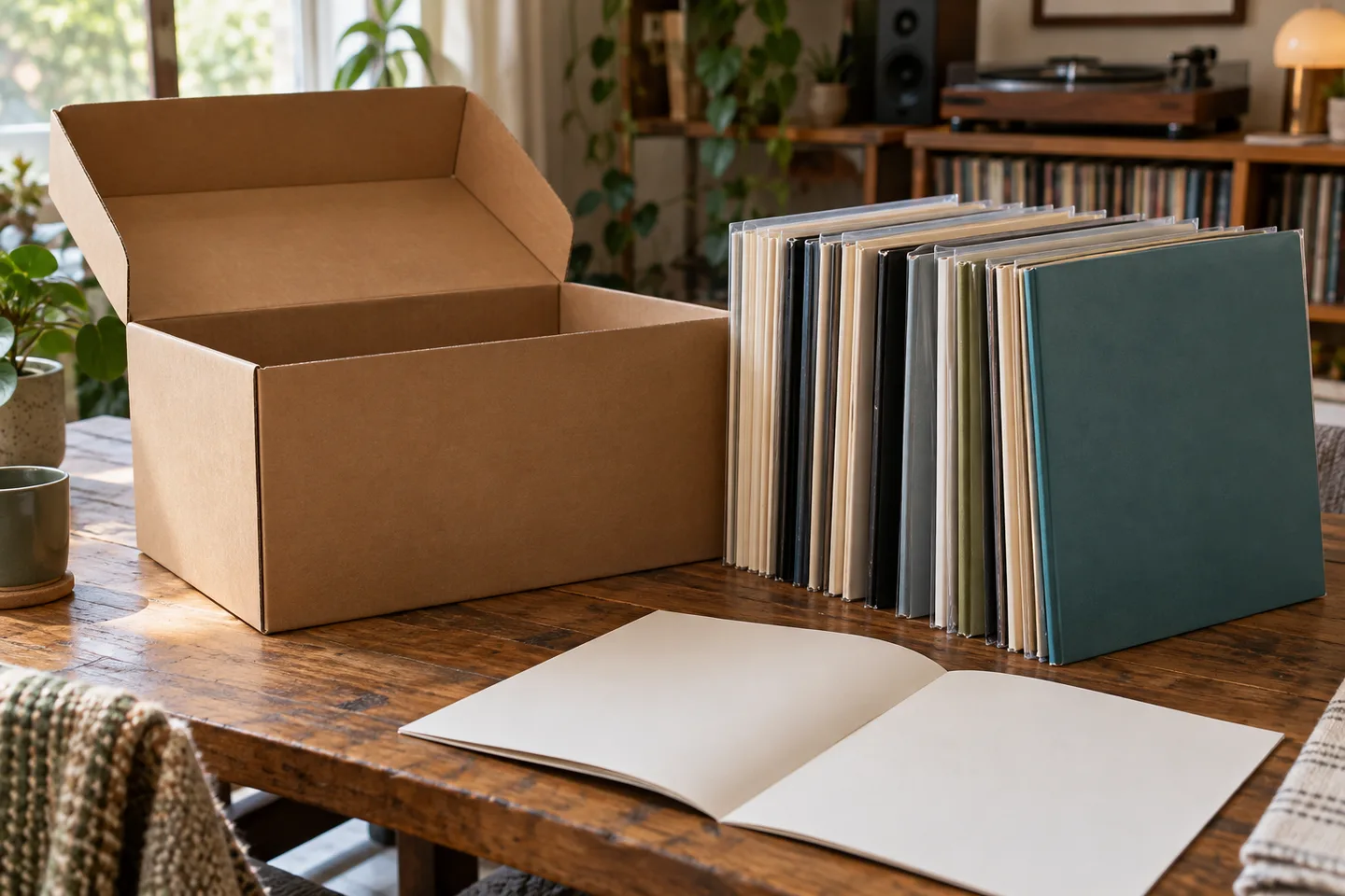 An open record box with upright sleeves and a booklet