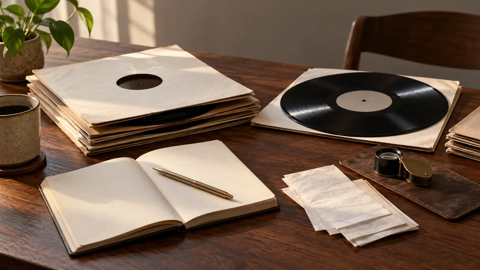 Dischi in vinile, ricevute, quaderno e lente su un tavolo