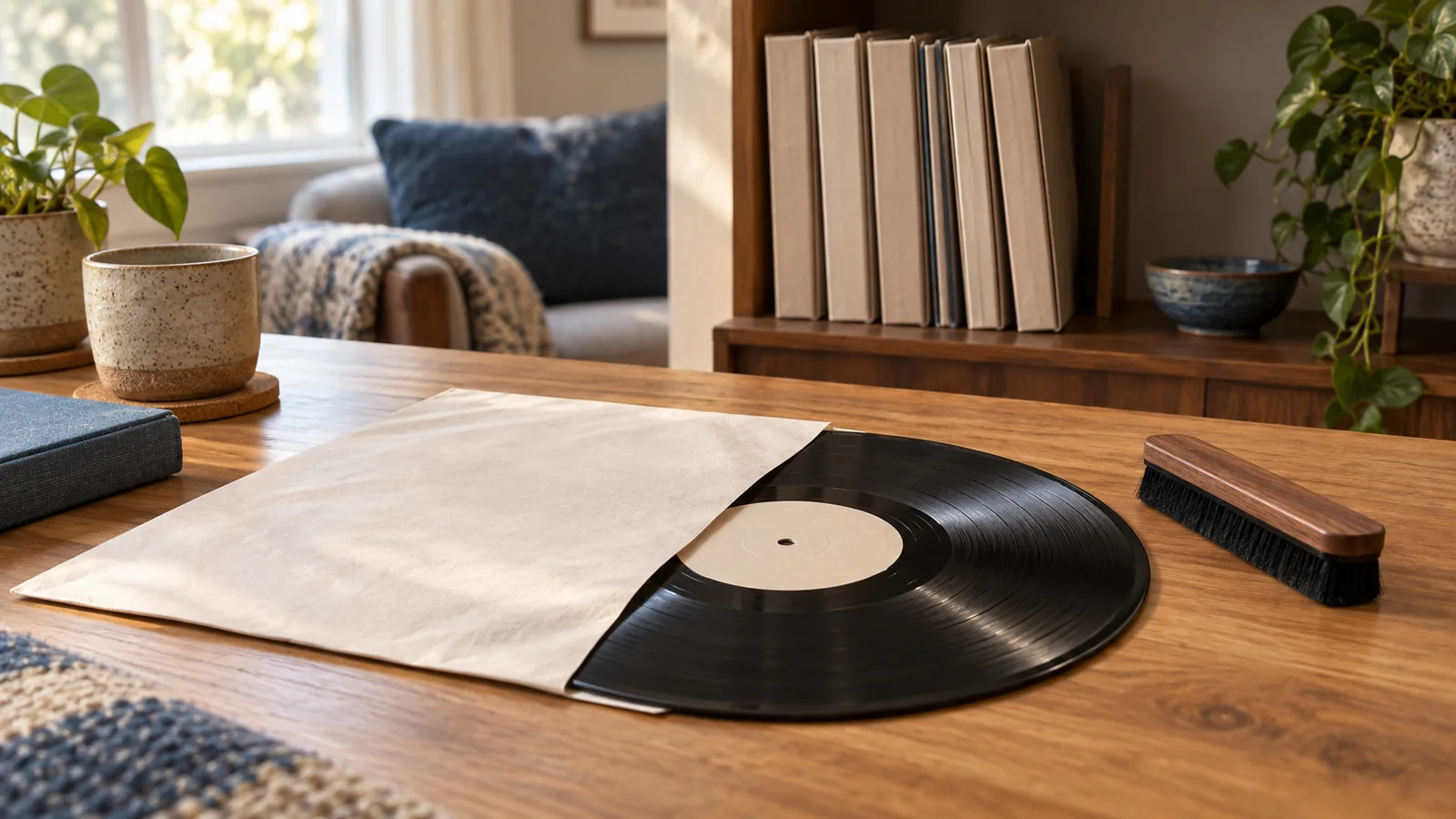 A small row of plain record sleeves on a shelf and a black vinyl record partly inside an inner sleeve on a table