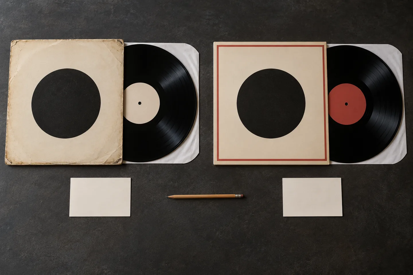 Conceptual scene with two similar record sleeves and two vinyl records on a worktable