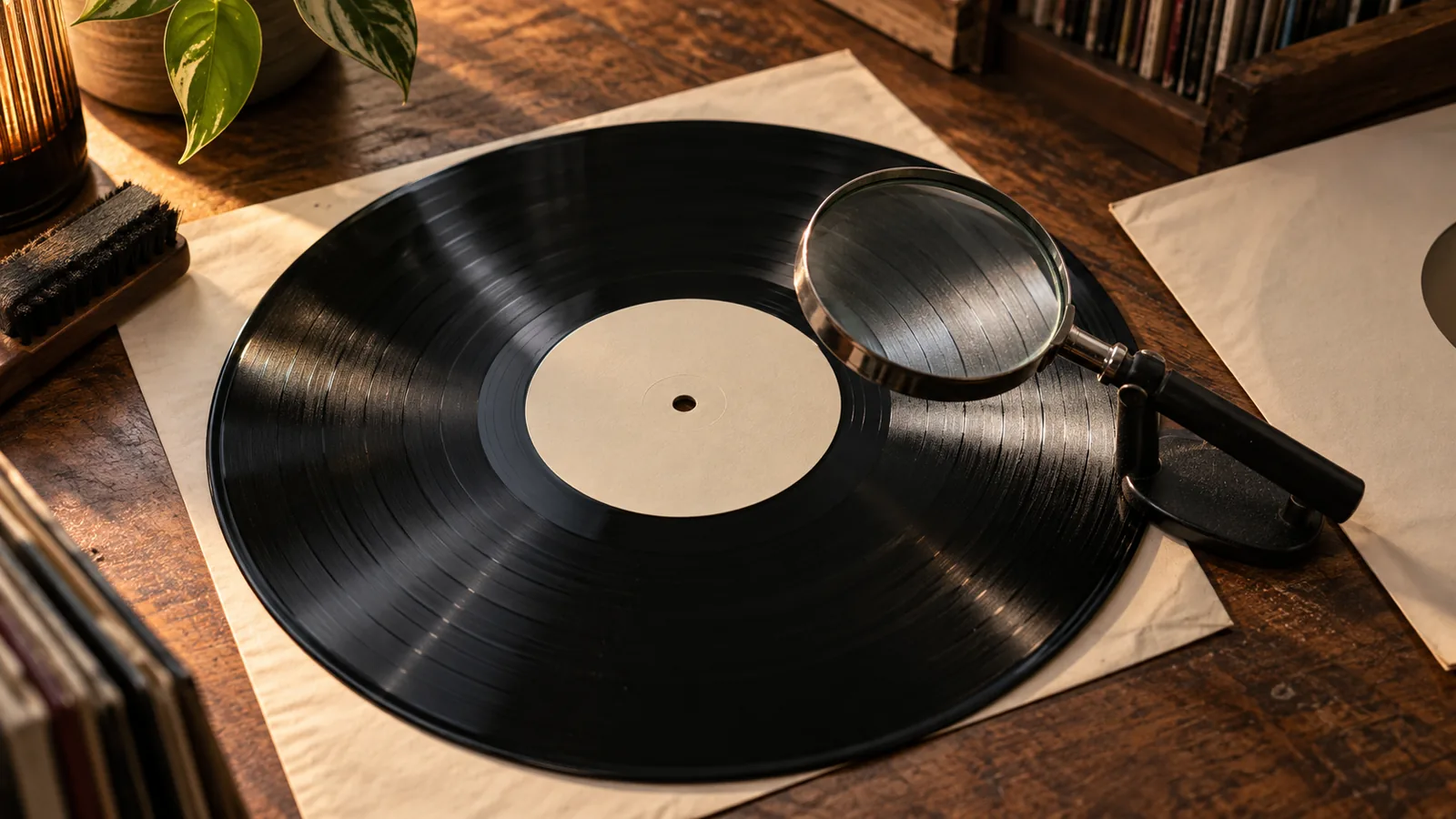 A magnifying glass above a black vinyl record with a plain cream label on a wooden inspection table