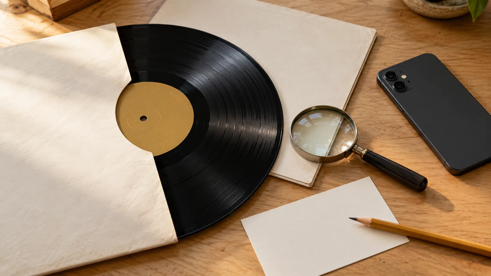 Disco de vinil, capa e caderno de identificação junto de um telemóvel