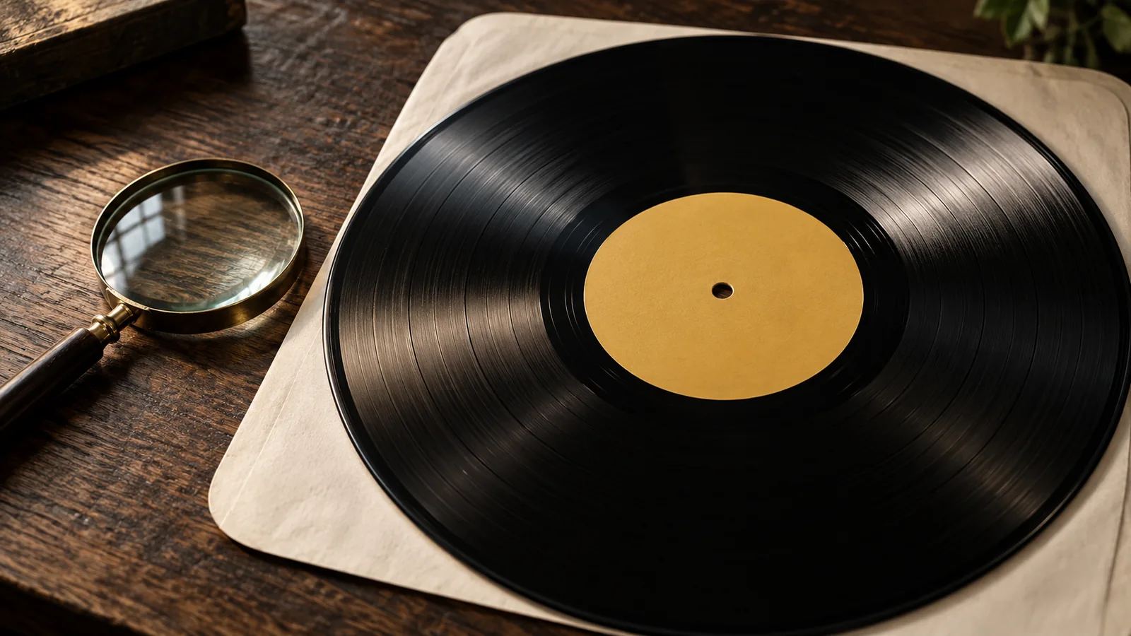 Disco con etichetta ocra senza testo accanto a una lente