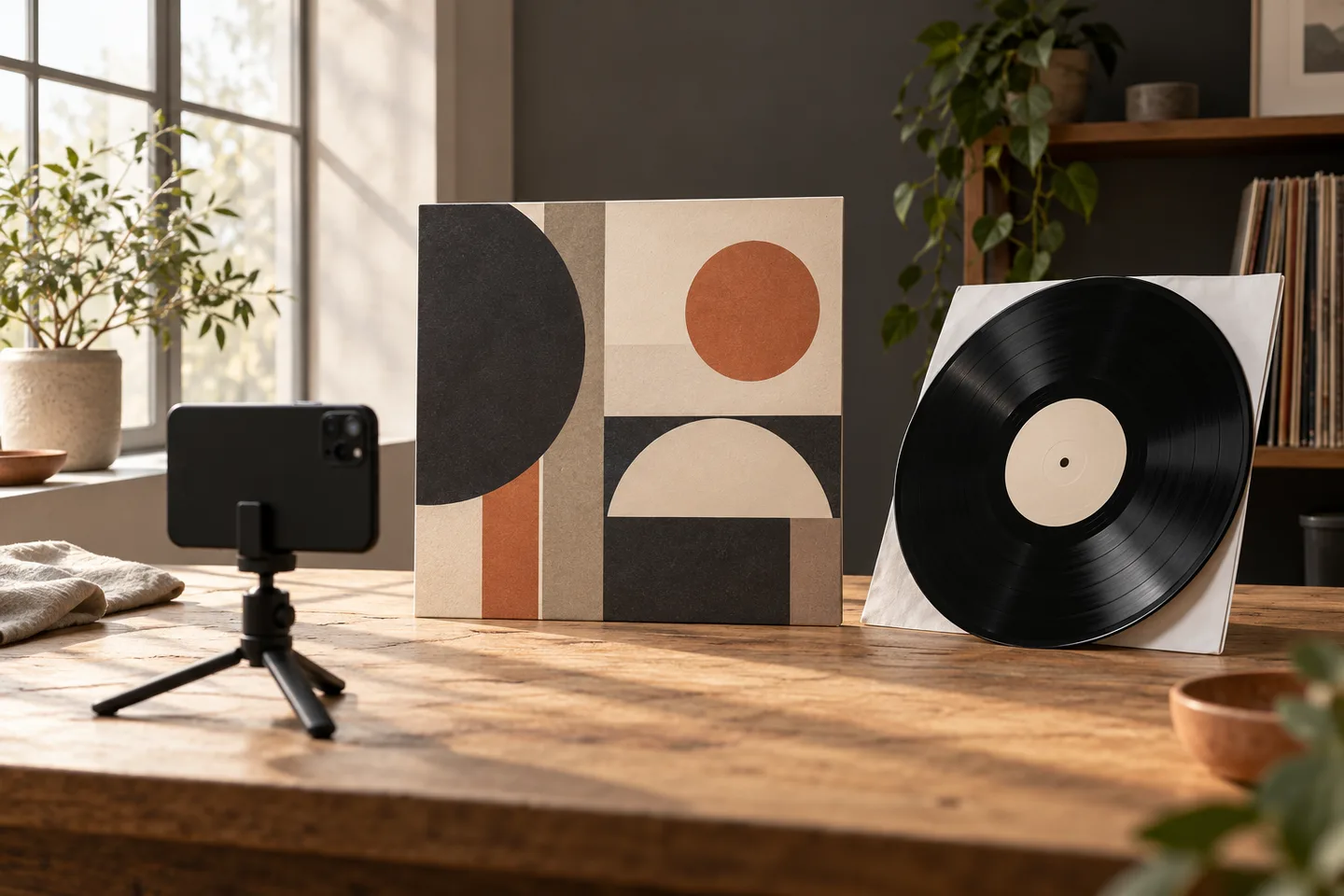 Conceptueel beeld van een vinylhoes, label en telefoon op een werktafel
