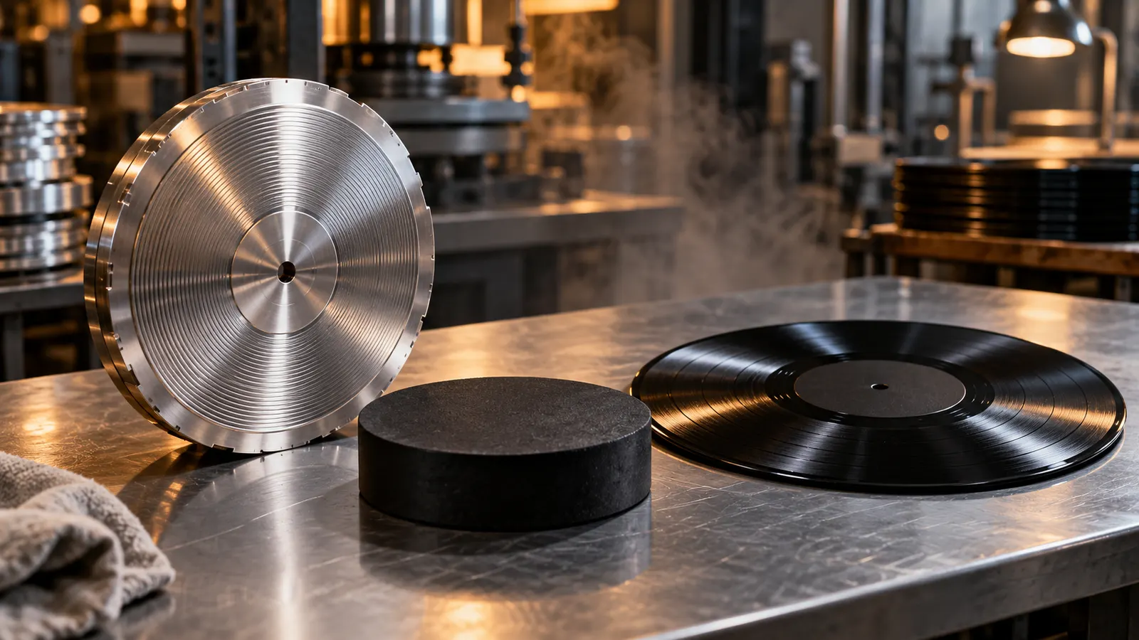 Conceptual illustration of a vinyl record pressing line with a puck, stamper and finished record
