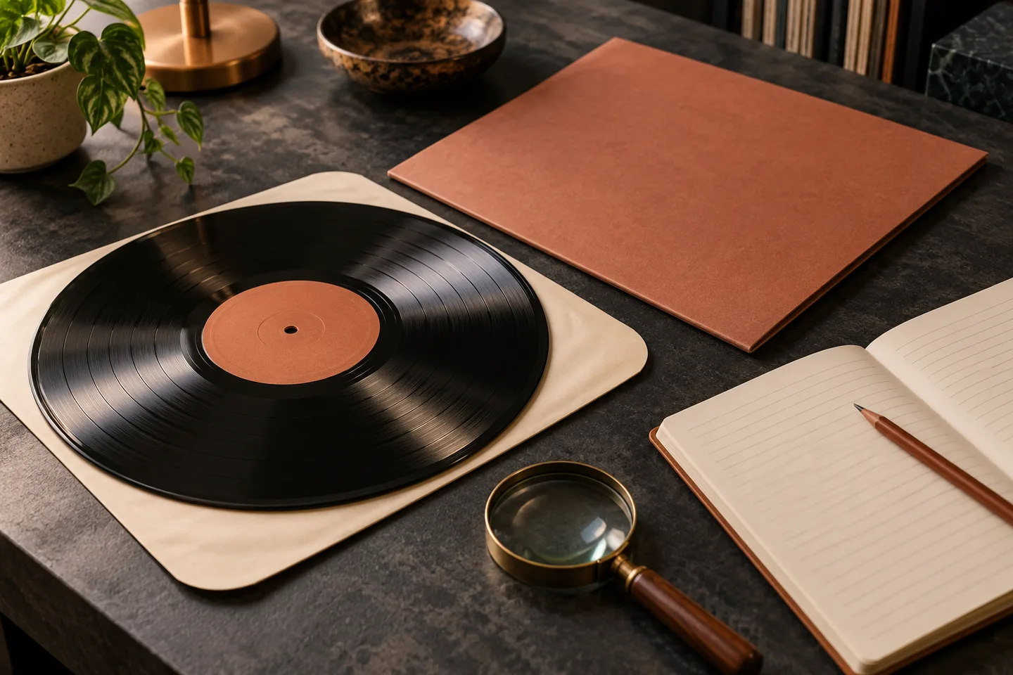 A record, blank valuation notebook and magnifying glass on a collector's desk